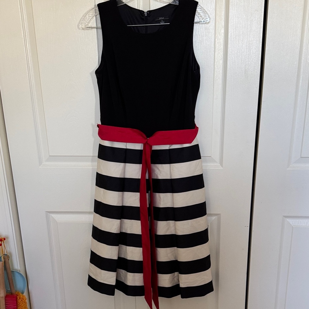 R&K Black and White Striped Midi Dress with Red Belt
